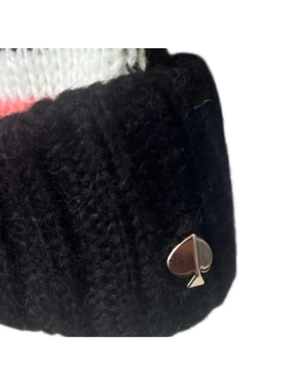 Kate Spade Heritage Pink, Ivory and Black Stripe Cuff Logo Pom Pom Beanie NWOT